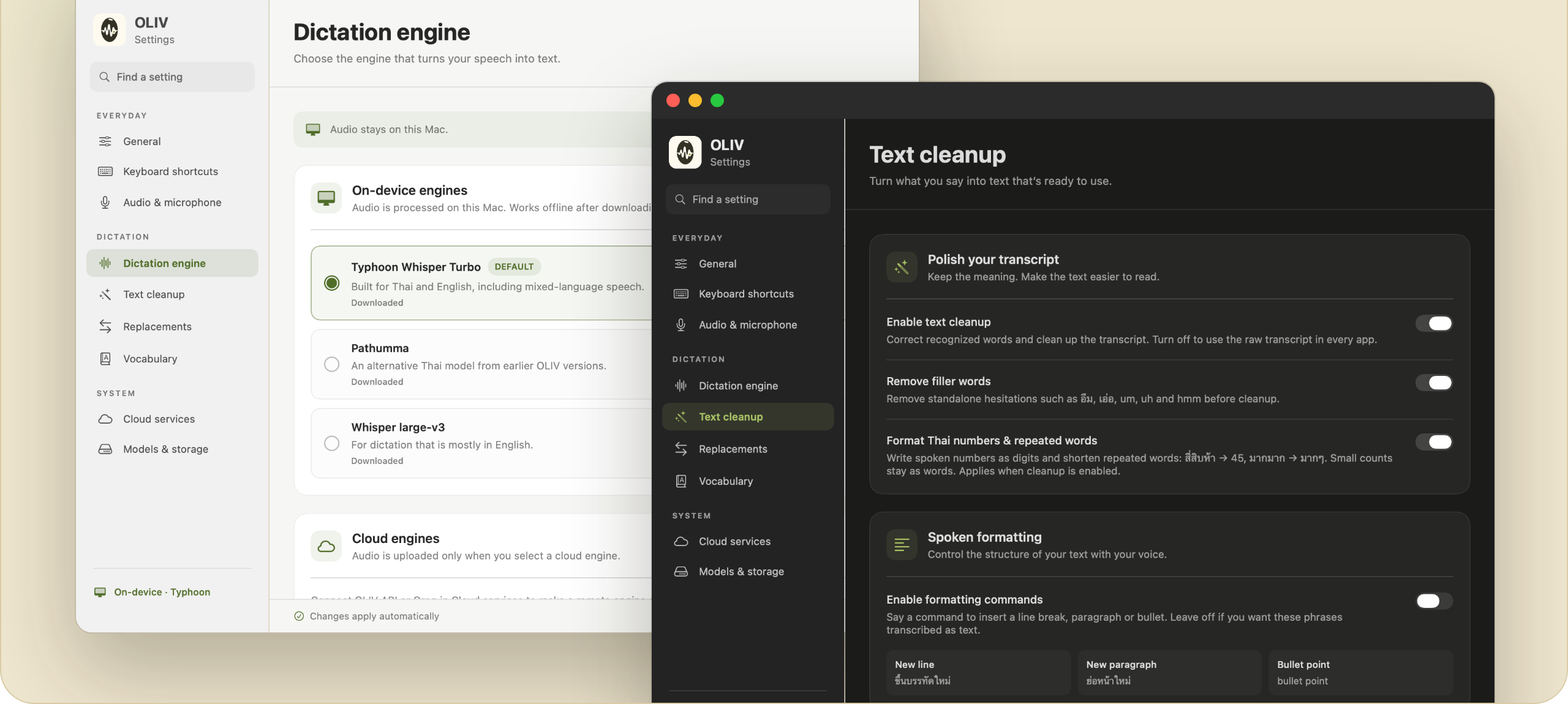 OLIV Settings window in light and dark mode, showing the dictation engine and text cleanup pages